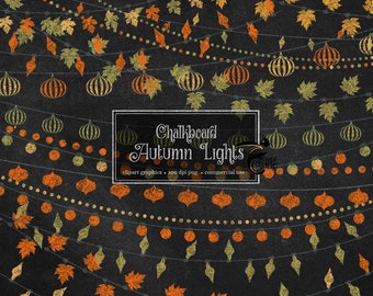 May include: Chalkboard-style graphic with autumn-themed string lights. The design features orange, yellow, and green leaf and pumpkin shapes, along with the text "Chalkboard Autumn Lights". The background is a dark, textured surface.