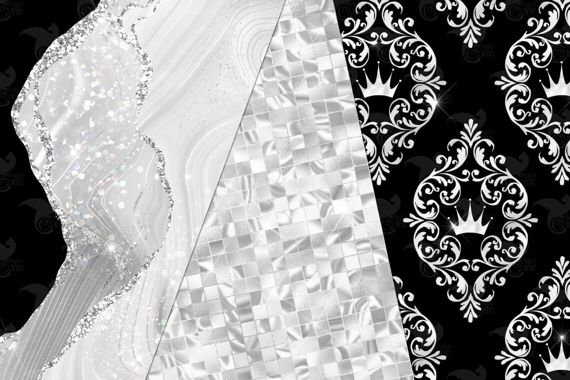 Black and White Glam Digital Paper, Seamless Foil Glitter Textures ...