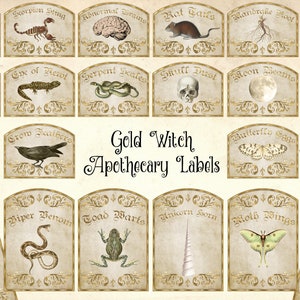 May include: A set of 20 printable apothecary labels with a vintage aesthetic. Each label features a different illustration of a magical ingredient, such as a crow feather, toad warts, or unicorn horn. The labels are perfect for adding a touch of whimsy to your home decor or crafting projects.