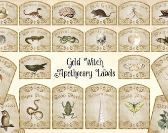 Witch Apothecary Labels, Gold Potion Ingredients, Halloween Printable (Digital Collage Sheets)