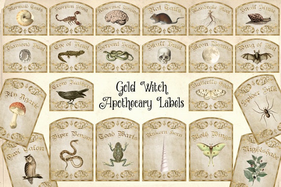 Gold Witch Apothecary Labels, Magick Potion Ingredient Labels, Halloween  Labels, Printable Digital Collage Sheets 