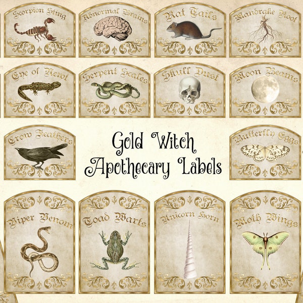 Gold Witch Apothecary Labels, Magick Potion Ingredient Labels, Halloween Labels, Printable Digital Collage Sheets