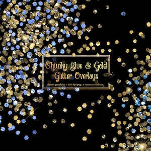 Chunky Blue and Gold Glitter Overlays, digital glitter png overlays, clip art glitter confetti instant download