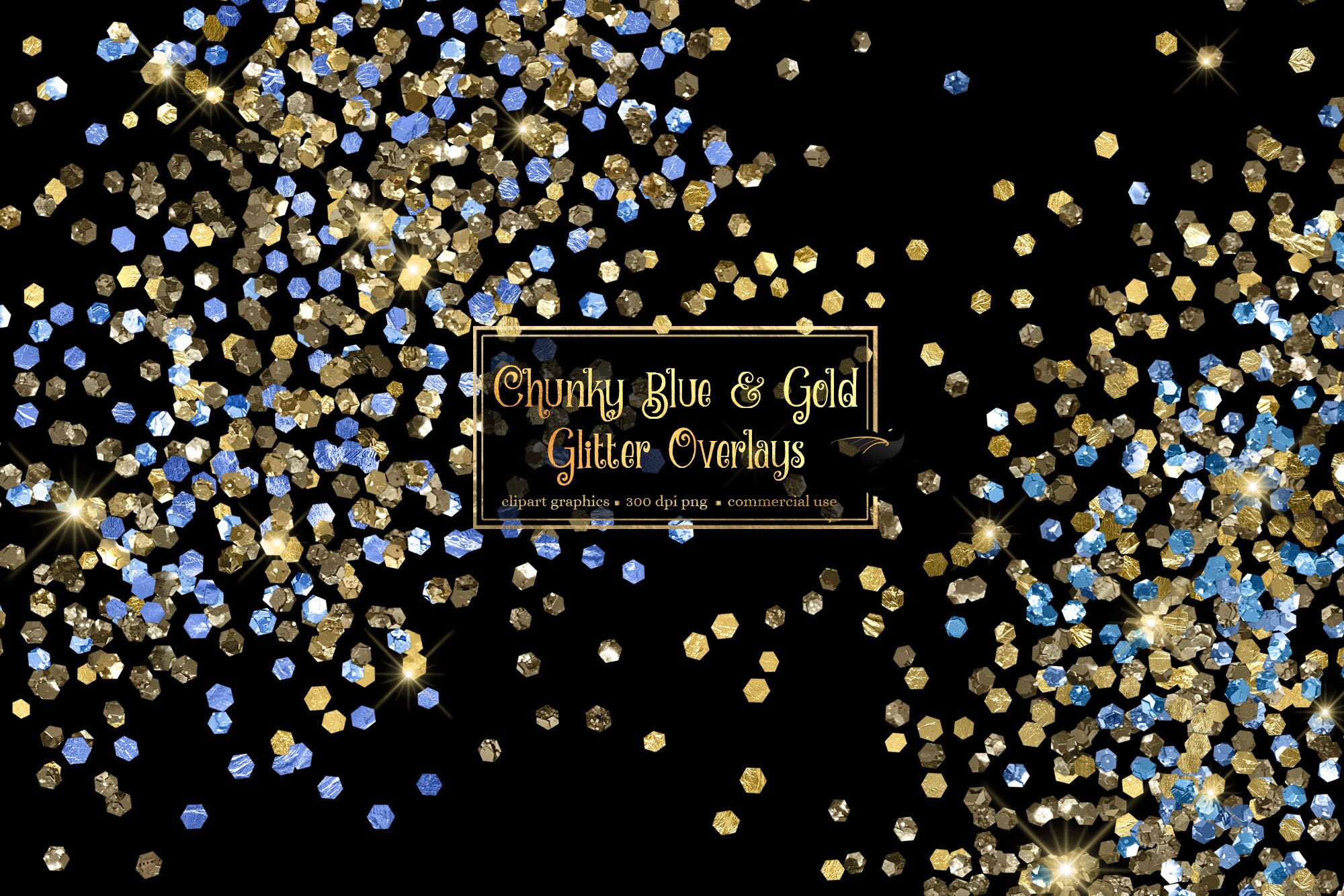 Chunky Blue and Gold Glitter Overlays, digital glitter png overlays, clip art glitter confetti instant download