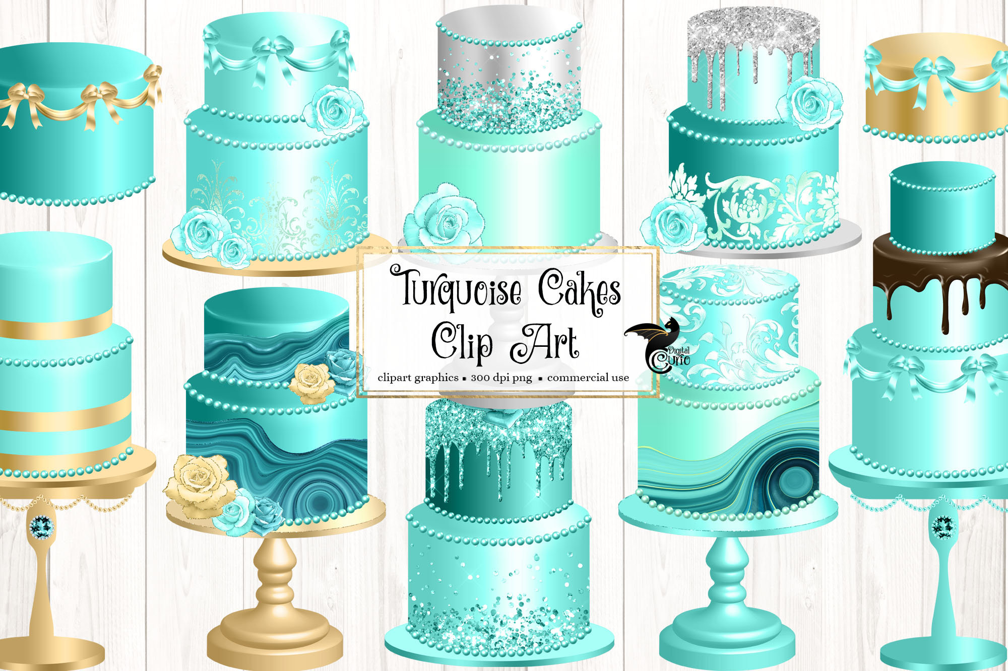 Turquoise Cakes Clipart, Digital Cake Graphics for Birthday or ...