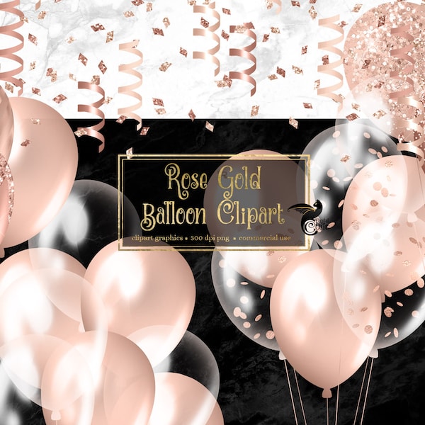 Rose Gold Balloons Clipart - fiesta clip art globos y espiral confeti clip arte gráfico uso comercial descarga instantánea