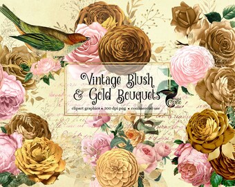 Vintage Blush and Gold Bouquets Clipart - antique pink and gold roses in png format instant download for commercial use