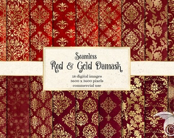 Red and Gold Damask Digital Paper, seamless damask patterns printable scrapbook paper commercial use