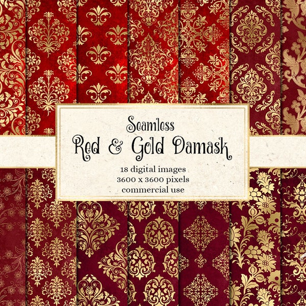 Papel digital de damasco rojo y dorado, patrones de damasco sin costura para uso comercial de papel de álbum de recortes imprimible
