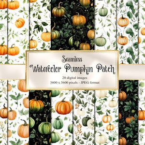 May include: A set of 20 digital seamless patterns featuring watercolor pumpkins and leaves in various colors and arrangements. The patterns are perfect for fall-themed crafts, scrapbooking, and digital design projects. The text "Seamless Watercolor Pumpkin Patch" is displayed at the top of the image.