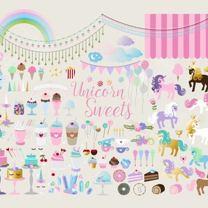 Unicorn Sweets Clipart, PNG vector unicornio clip art gráficos, fiesta de cumpleaños, invitaciones, cuernos, pasteles, dulces, café, cupcakes, helado
