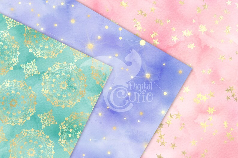 Gold Fantasy Watercolor Digital Paper Seamless Mystic Etsy