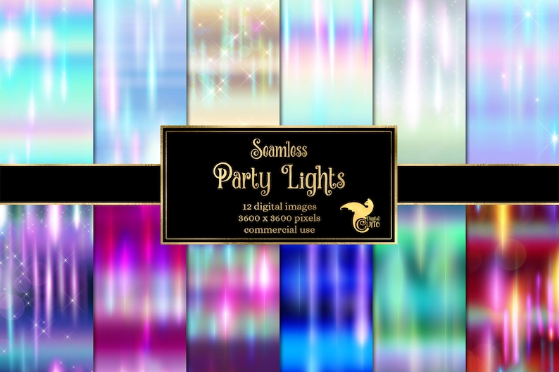 Seamless Party Lights Backgrounds, digital paper in ombre rainbow instant download for commercial use image 1