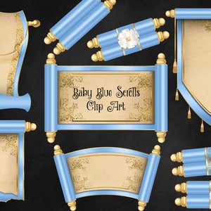 Clipart di Baby Blue Scrolls - clip art di arazzi digitali per disegni fantasy magici, download immediato per uso commerciale