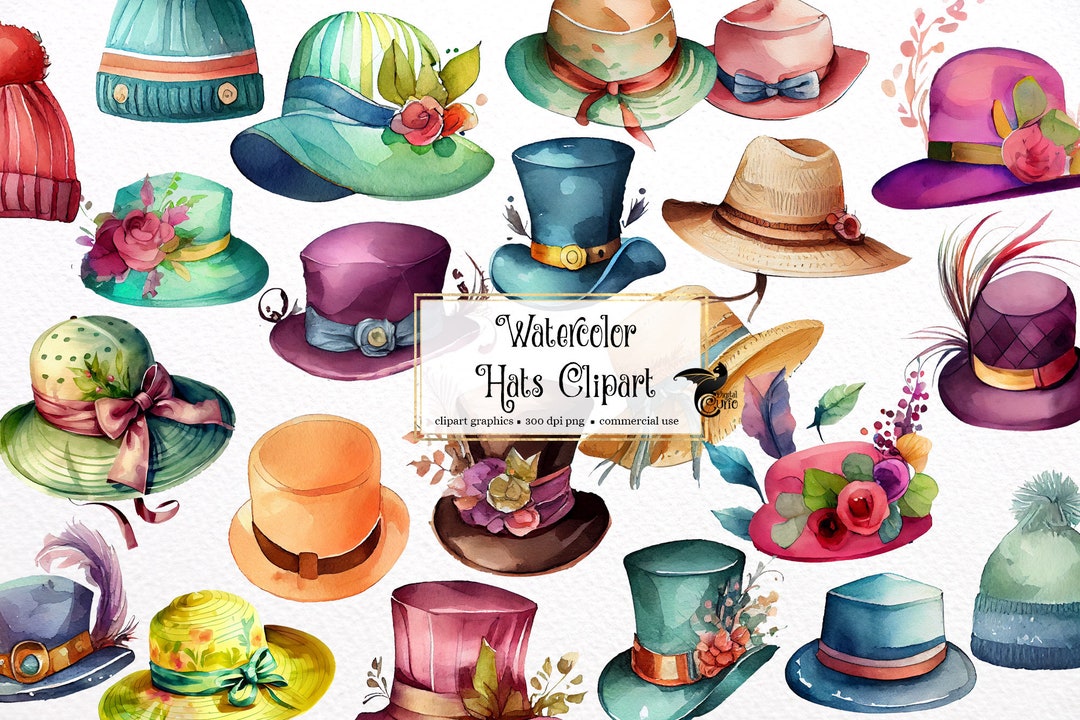 Watercolor Hats Clipart Cute Fashion PNG Format Instant Download for