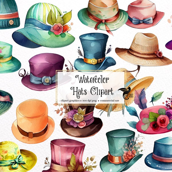 Watercolor Hats Clipart - cute fashion PNG format instant download for commercial use