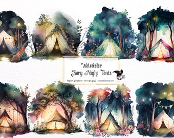 Watercolor Fairy Tent Clipart, Fantasy Camping Graphics (Commercial Use)