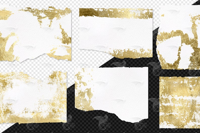 May include: Five white paper scraps with gold foil accents. The paper has a textured surface and the gold foil is unevenly applied. The paper scraps are torn and have irregular edges.