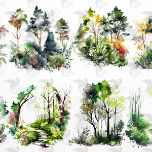 May include: A set of eight watercolor illustrations of different forest scenes. The illustrations feature various trees, foliage, and pathways, all painted in shades of green, brown, and yellow.