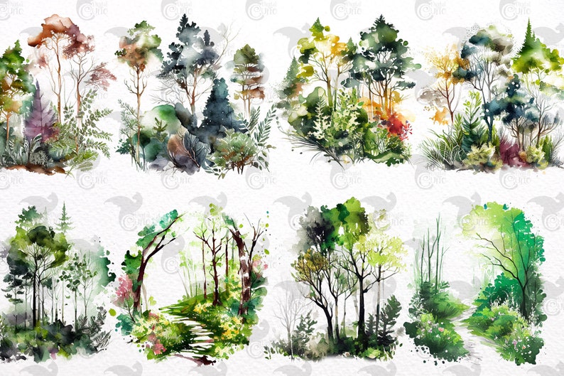 May include: A set of eight watercolor illustrations of different forest scenes. The illustrations feature various trees, foliage, and pathways, all painted in shades of green, brown, and yellow.