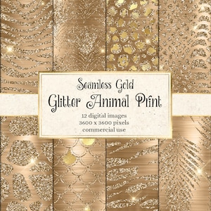 Gold Glitter Animal Print Digital Paper - seamless glam luxury textures instant download for commercial use