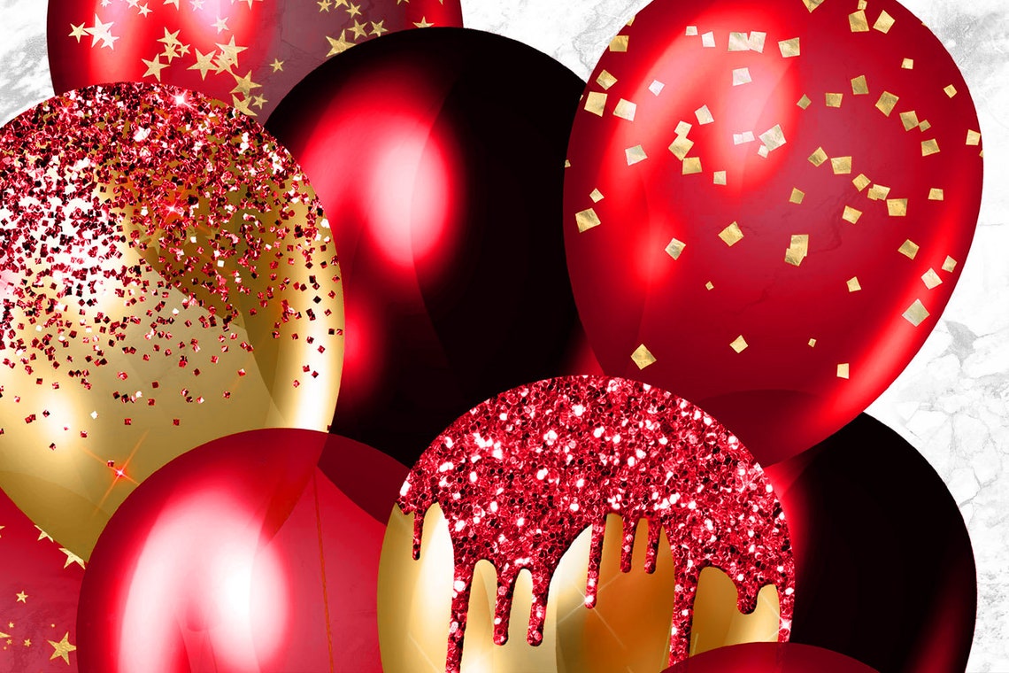 Red and Gold Balloons Clipart, Glitter Confetti Overlays (PNG Digital ...