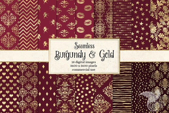 Burgundy and Gold Digital Paper, Seamless Foil Patterns (Digital Download)