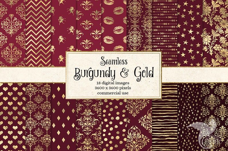 May include: A set of 18 digital seamless patterns in burgundy and gold. The patterns include various designs such as damask, chevron, stars, arrows, polka dots, and stripes.  Seamless Burgundy & Gold 18 digital images 3600 x 3600 pixels commercial use