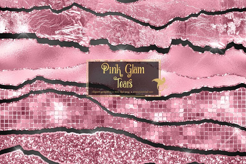 May include: Pink and black digital paper with a glittery, foil, and mosaic texture. The text "Pink Glam Tears" is in a black box.