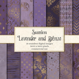 Lavender and Bronze Digital Paper, purple and brown bronze seamless patterns, bronze foil printable scrapbook paper, copper backgrounds
