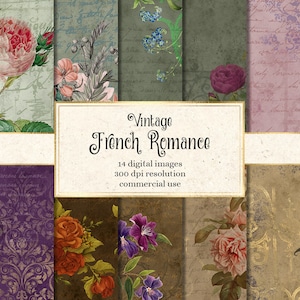 Papel digital de romance francês vintage, páginas de scrapbook imprimíveis de coisas efêmeras francesas antigas, download instantâneo para uso comercial