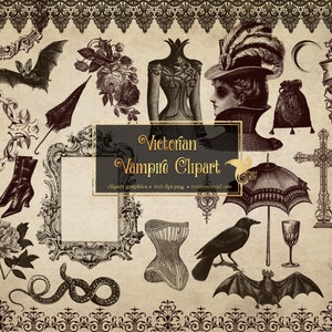 K&ouml;nnte beinhalten: Eine Sammlung viktorianischer Clipart-Illustrationen in Sepia-T&ouml;nen. Enth&auml;lt ein Korsett, eine Fledermaus, einen Raben, ein Kreuz, eine Uhr und andere gotische Elemente. Der Text lautet "Victorian Vampire Clipart".