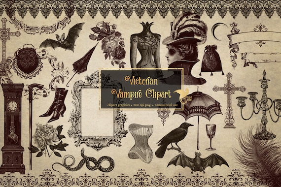 Victorian Vampire Clipart, vintage antique Halloween clip art graphics, digital ephemera for commercial use