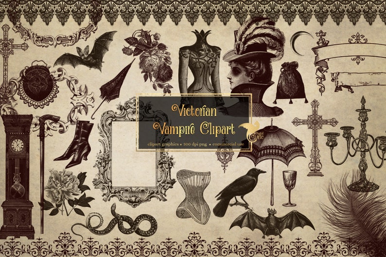 K&ouml;nnte beinhalten: Eine Sammlung viktorianischer Clipart-Illustrationen in Sepia-T&ouml;nen. Enth&auml;lt ein Korsett, eine Fledermaus, einen Raben, ein Kreuz, eine Uhr und andere gotische Elemente. Der Text lautet "Victorian Vampire Clipart".