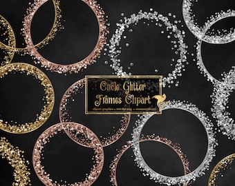 Imágenes prediseñadas de marcos circulares con purpurina, oro, oro rosa, plata (descarga digital PNG)