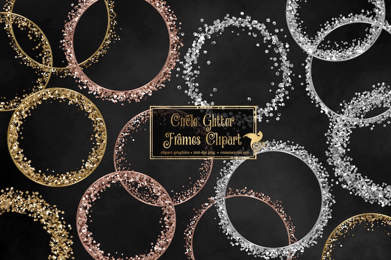 May include: A set of 300 dpi digital clipart images of circle glitter frames in gold, rose gold, and silver.  The frames are perfect for adding a touch of sparkle to your designs.