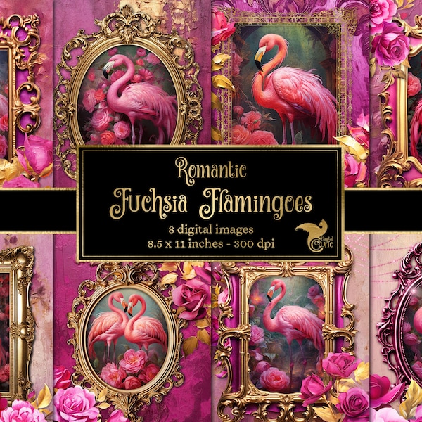 Romantic Fuchsia Flamingo Journal Paper, notebook digital paper rococo junk journal pages printable 8.5x11 inch A4 paper instant download