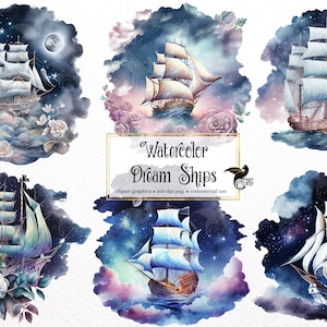 Aquarel Dream Ships Clipart - fantasy magic galaxy aquarel PNG formaat instant download voor commercieel gebruik