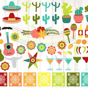 Cinco de Mayo Clipart im Vektorformat mit mexikanischen Fiesta Bier Bannern und Sombreros, Kaktus Lichterketten und Maracas inklusive