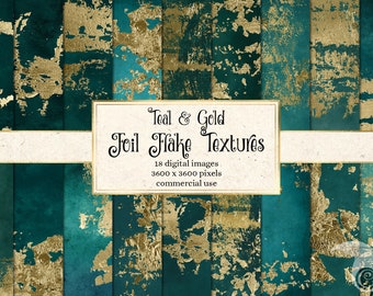 May include: Teal and gold foil flake textures digital paper pack. 18 digital images, 3600 x 3600 pixels, commercial use.