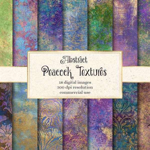 Abstract Peacock Textures digital paper, printable distressed grunge textures instant download for scrapbooking or decoupage