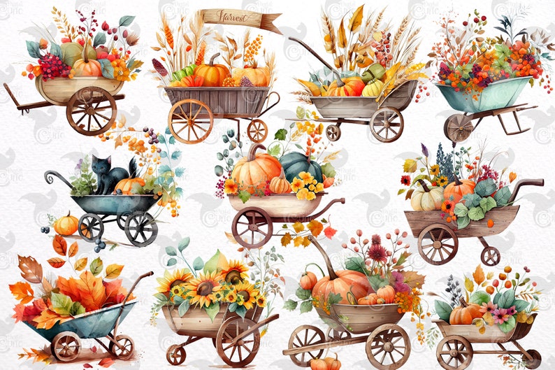 May include: Nine watercolor illustrations of wheelbarrows filled with fall harvest items. The wheelbarrows are filled with pumpkins, gourds, sunflowers, fall leaves, and berries. The word "Harvest" is written on a banner in one of the illustrations.