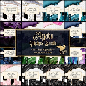 May include: A collection of digital agate graphics with various color schemes, including teal, purple, and gold. The image features a central banner that reads "Agate Graphics Bundle" with the text "300+ digital graphics commercial use."