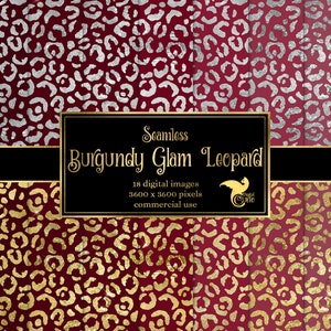 Carta digitale bordeaux Glam Leopard Print, sfondi senza cuciture con motivo a pelle di ghepardo con uso commerciale stampabile in lamina d'oro e d'argento