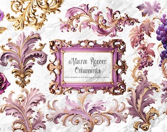Imágenes prediseñadas de ornamentos rococó malva – Gráficos de marcos de fantasía (Descarga digital)