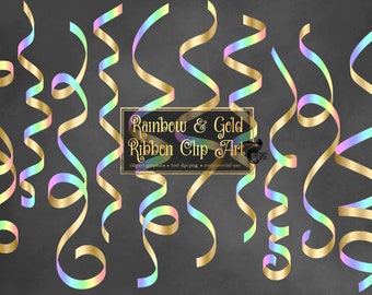 Rainbow Gold Ribbon Clip Art – Pastel Curls, PNG Graphics (Digital Download)