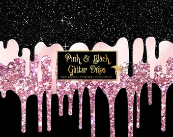 Pink and Black Glitter Drips Clipart, digital graphics for commercial use instant download commercial use