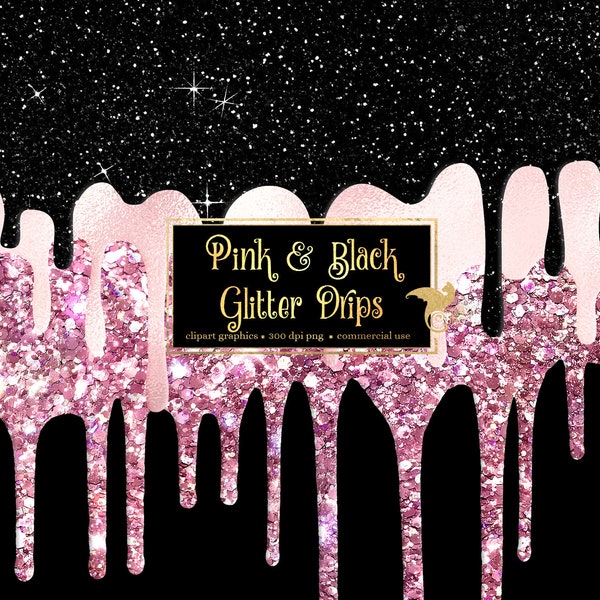 Pink and Black Glitter Drips Clipart, digital graphics for commercial use instant download commercial use