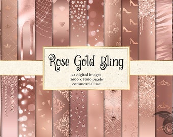 Rose Gold Bling Digital Paper, glitter and foil backgrounds with metallic ombre textures printable scrapbook paper for commercial use