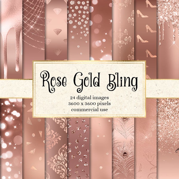 Rose Gold Bling Digital Paper, glitter and foil backgrounds with metallic ombre textures printable scrapbook paper for commercial use